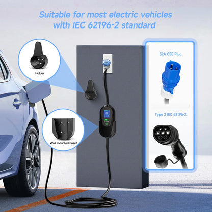 AFEEV Type2 IEC 62196-2 Portable EV Charger 7.2KW 32A Type1 SAEJ1772 Wallbox EVSE Fast Charging Cable WiFi APP Bluetooth Control