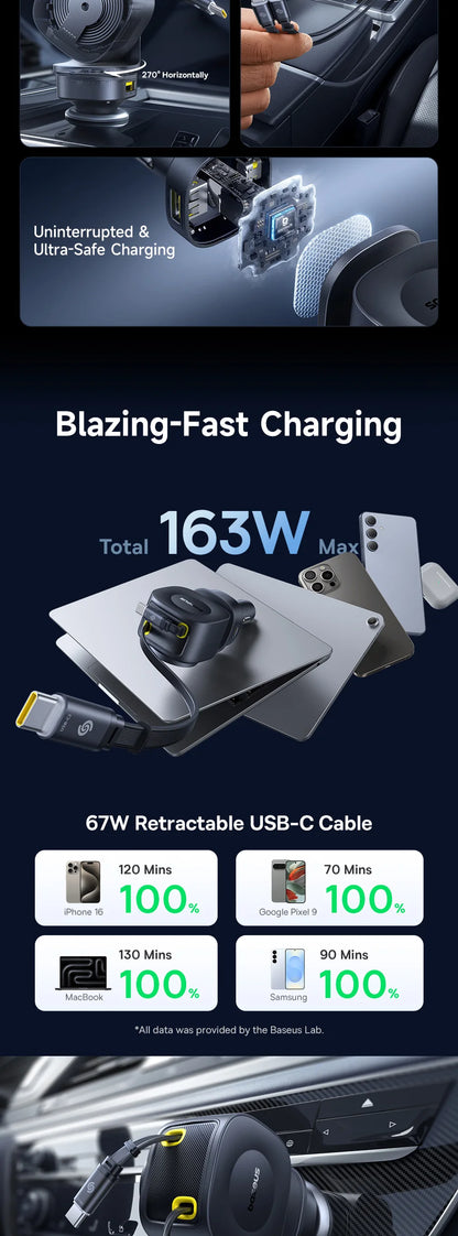 Baseus 100W Car Charger PD QC Fast Charging Dual Type-C Retractable Cable 4 ports 450°Rotation For Laptop Tablet iPhone Samsung