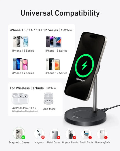 Anker MagSafe Charger Stand Compatible, MagGo 2-in-1 Charging Station, 【Upgraded】 Qi2 Certified 15W Wireless Charger Stand, for