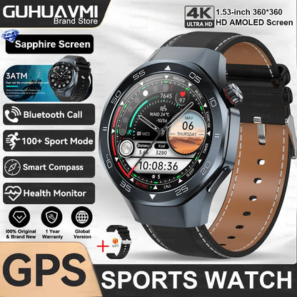 2025New Upgraded Outdoor Sport GPS Smart Watch Men 1.53" HD AMOLED Screen GPS track Heart Rate Bluetooth Call Compass SmartWatch