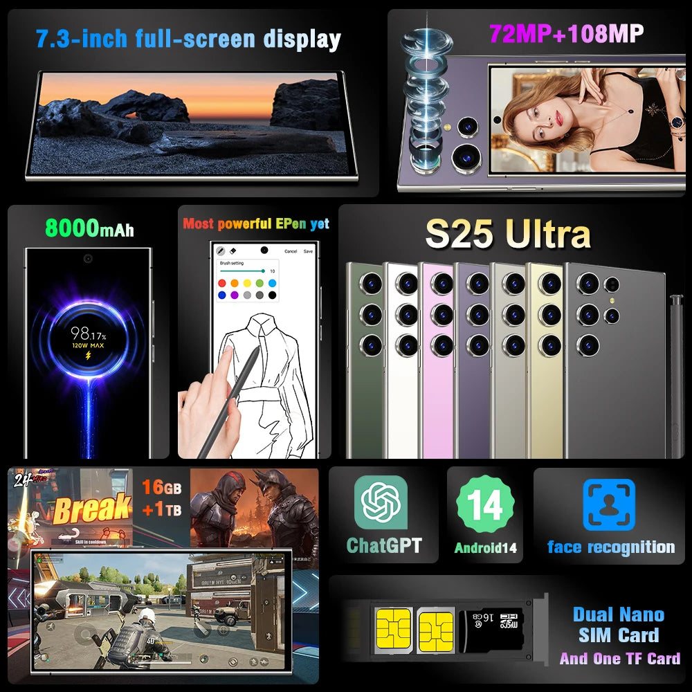 Global Edition  2026 HOT S26 Ultra NEW 7.3HD Original Smart Dual Card 7800mAh Battery Facial Recognition Function