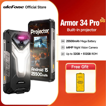 Ulefone Armor 34 Pro 5G AI 25500mAh Rugged Phone Smartphone Android 15 32GB+512GB Built-in DLP Projector 6.95" NFC Mobile Phone