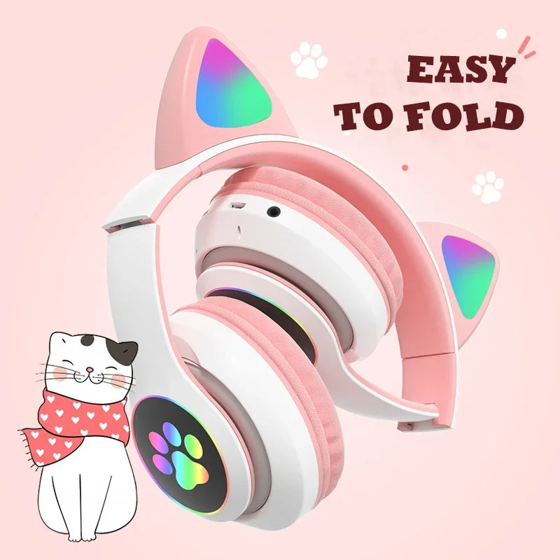 Flash Lamp Cute Cat Ears Headphone Bluetooth5.0 Stereo With Mic Support TF Card Wireless Kids Girl Earphone Birthday Gift - Universal Market