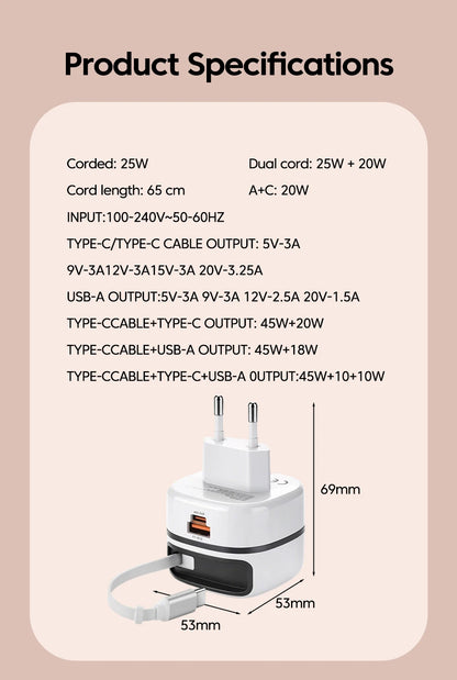 Elough 65W USB Type C Phone Charger Universal Travel Adapter Retractable Fast Charging USB C Cable For iPhone 16 Samsung Laptop