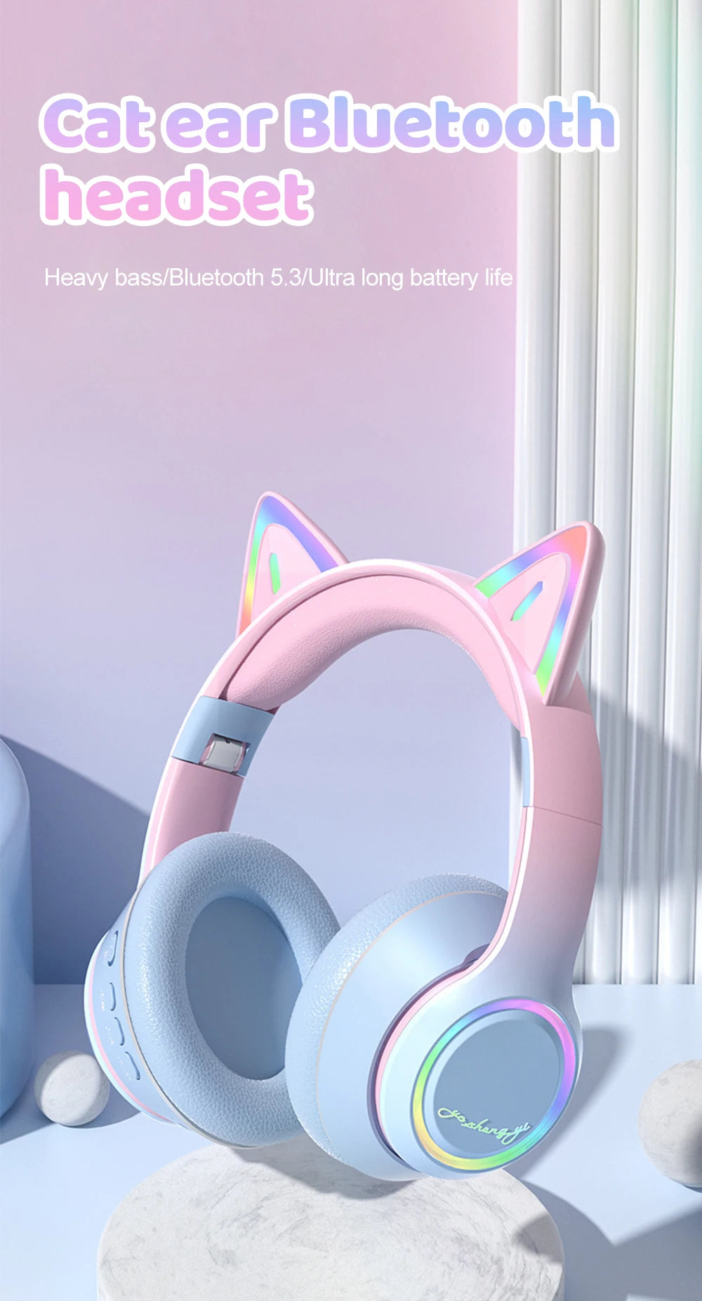 Gradient Wireless Headphones RGB Cat Ear Bluetooth Headphones With Microphone Stereo Music Game Earphone For Girls Kids Gifts - Universal Market