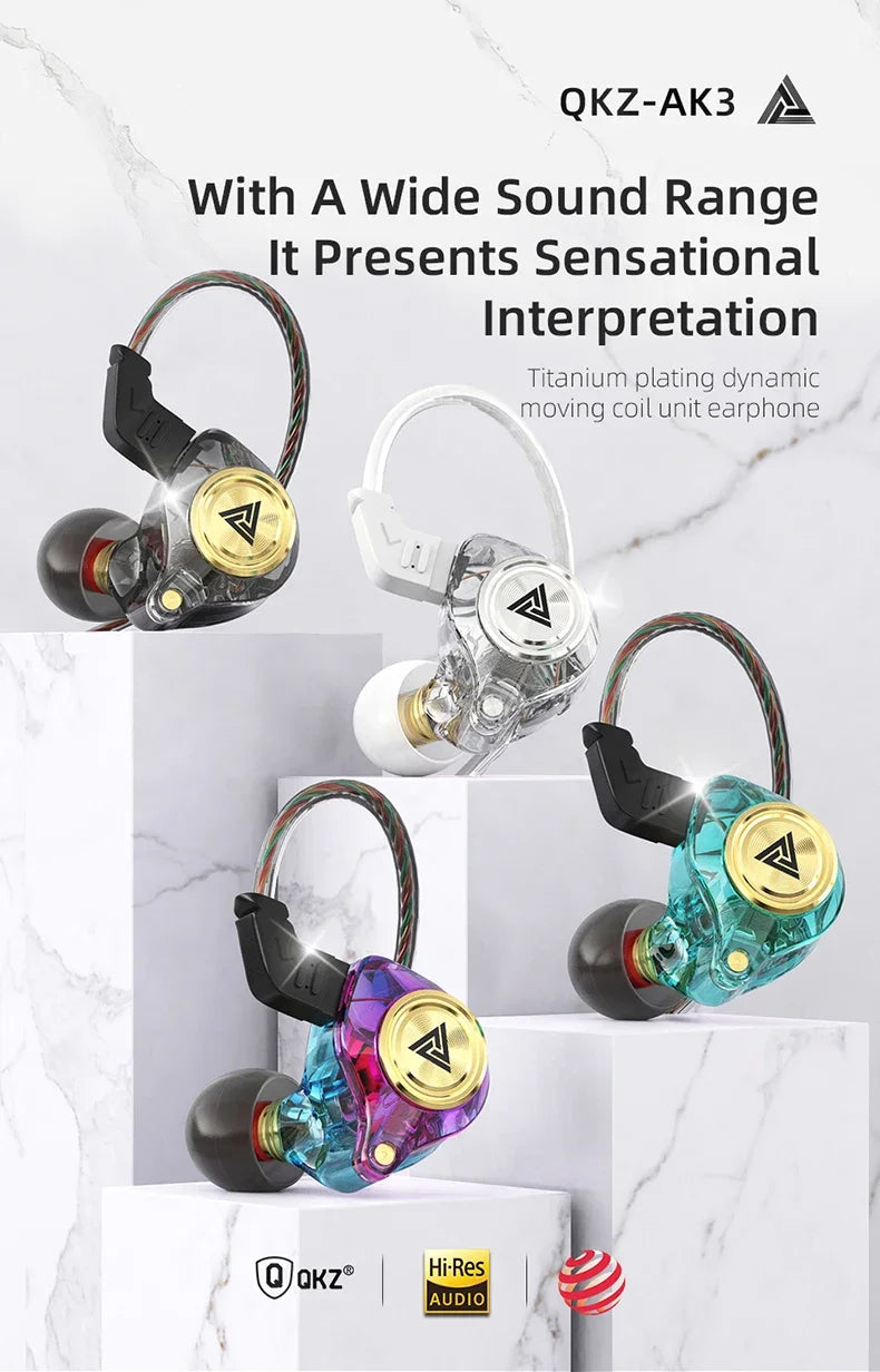 QKZ AK3 FiLe Wired Earphone with Microphone HiFi Music Monitor Bass Headphones Noise Cancelling Headset For Sport Gaming Earbuds - Universal Market