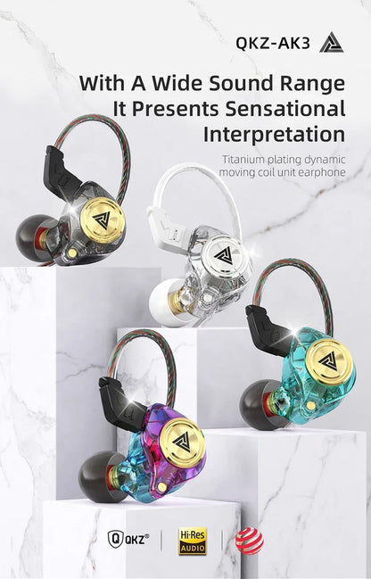 QKZ AK3 FiLe Wired Earphone with Microphone HiFi Music Monitor Bass Headphones Noise Cancelling Headset For Sport Gaming Earbuds - Universal Market