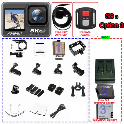 G9SE Action Camera 5K30fps 4K60fps 50MP 2.0 Touch LCD EIS DVR Webcam Dual Screen Wi-Fi 170D Waterproof 30M 5X Zoom Sports Camera