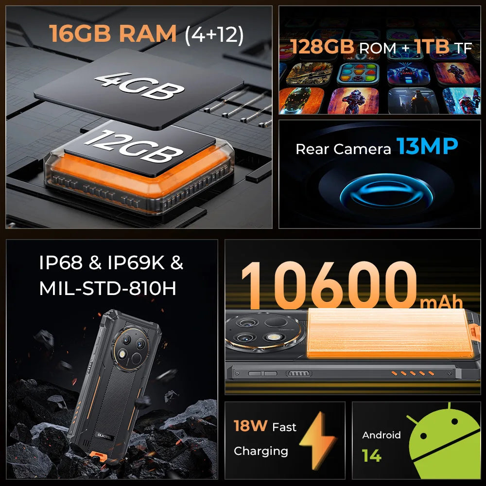 Oukitel WP28 S Rugged Smartphone 6.52‘’ HD 10600MAH 16GB (4+12)+128GB ANDROID14 13MP Camera Cellphone