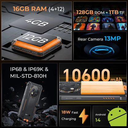 Oukitel WP28 S Rugged Smartphone 6.52‘’ HD 10600MAH 16GB (4+12)+128GB ANDROID14 13MP Camera Cellphone