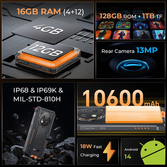 Oukitel WP28 S Rugged Smartphone 6.52‘’ HD 10600MAH 16GB (4+12)+128GB ANDROID14 13MP Camera Cellphone
