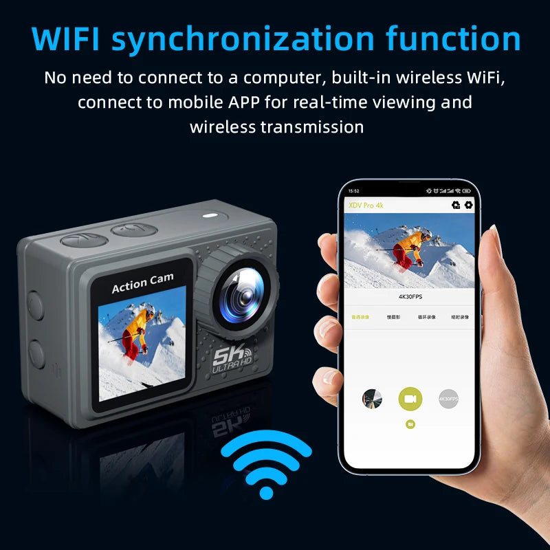 Action Camera 5K 4K 60FPS WiFi Anti-shake Dual Screen 170° Wide Angle 30m Waterproof Sport Camera with Remote Control