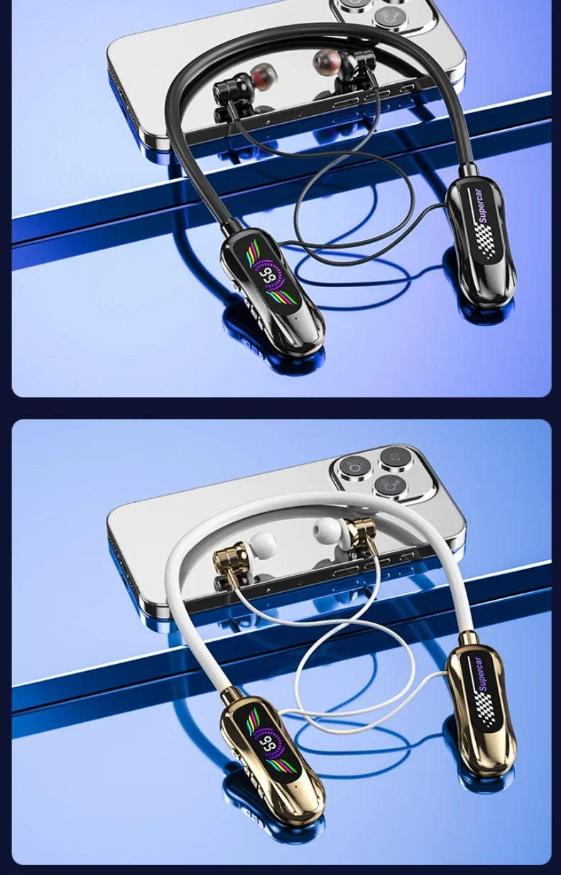 Sports Car Shape Stereo Sound Neckband LED Display Wireless Bluetooth Headphones Magnetic in-ear Headsets Sports Gamer Earphones - Universal Market