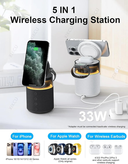 3 in 1 Magnetic Wireless Charger Speaker Night Light For iPhone 17 16 15 14 13 12 Pro Max Apple Watch AirPods Pro Fast Charging
