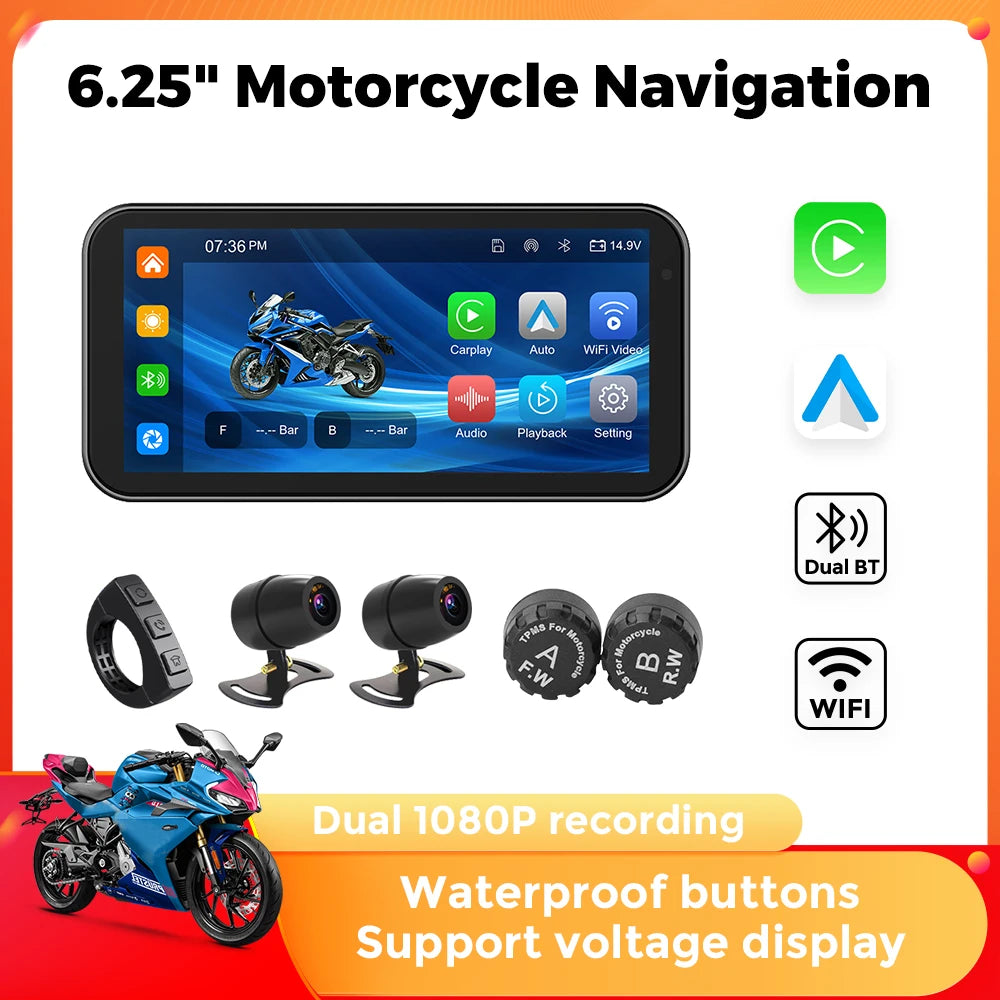 Portable 6.25 inch IP67 Waterproof Motorcycle GPS Navigation Wireless Carplay Android Auto DVR Drive Recorder Moto Monitor WIFI - Universal Market