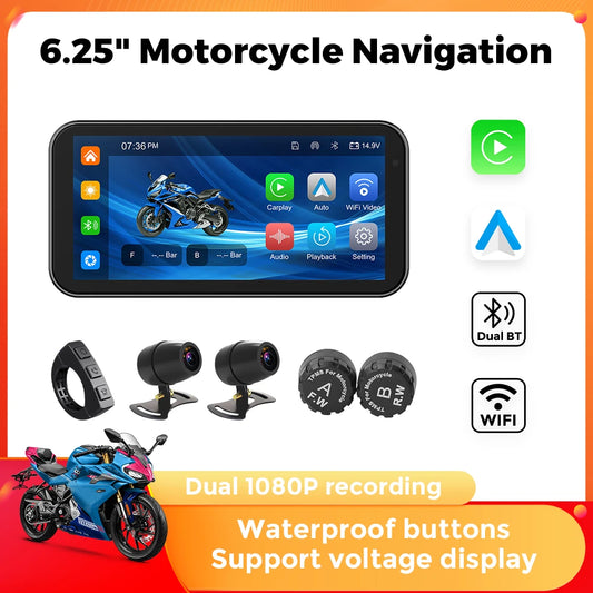 Portable 6.25 inch IP67 Waterproof Motorcycle GPS Navigation Wireless Carplay Android Auto DVR Drive Recorder Moto Monitor WIFI - Universal Market