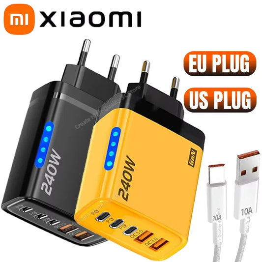 Xiaomi 240W QC3.0 PD 5 Ports GaN Fast Charger EU/US Plug Phone Charging Head Adapter with LED Light for iPhone Samsung Xiaomi