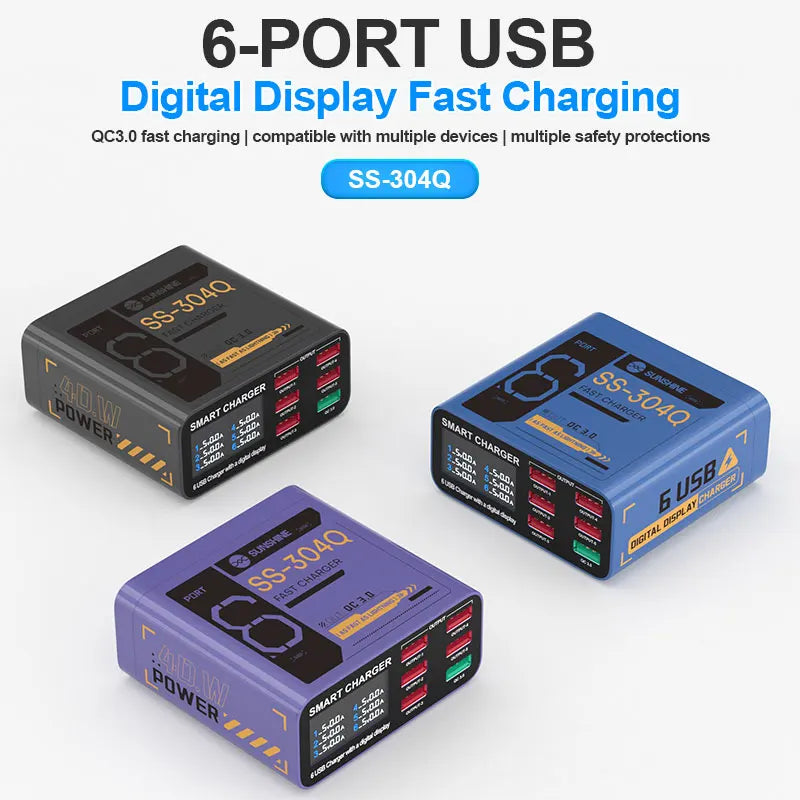 SUSNHINE SS-304Q 6-port Usb Digital Display Fast Charge QC3.0 Smart Fast Charge for Phone Tablet Watch Charging