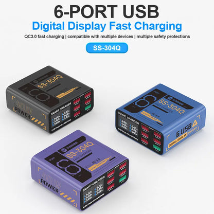SUSNHINE SS-304Q 6-port Usb Digital Display Fast Charge QC3.0 Smart Fast Charge for Phone Tablet Watch Charging