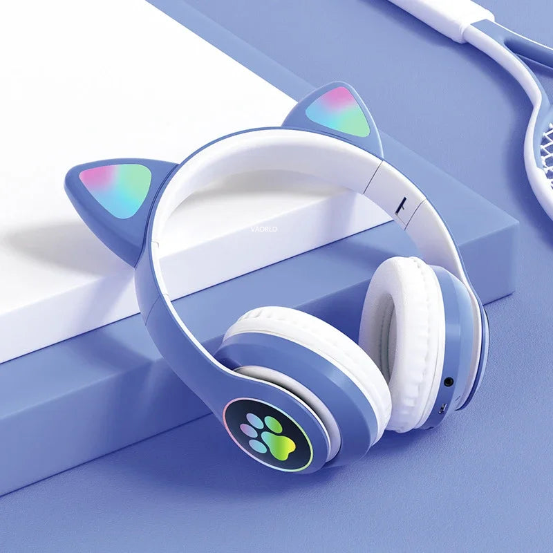 Flash Lamp Cute Cat Ears Headphone Bluetooth5.0 Stereo With Mic Support TF Card Wireless Kids Girl Earphone Birthday Gift - Universal Market