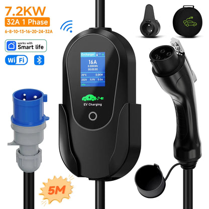 AFEEV Type2 IEC 62196-2 Portable EV Charger 7.2KW 32A Type1 SAEJ1772 Wallbox EVSE Fast Charging Cable WiFi APP Bluetooth Control