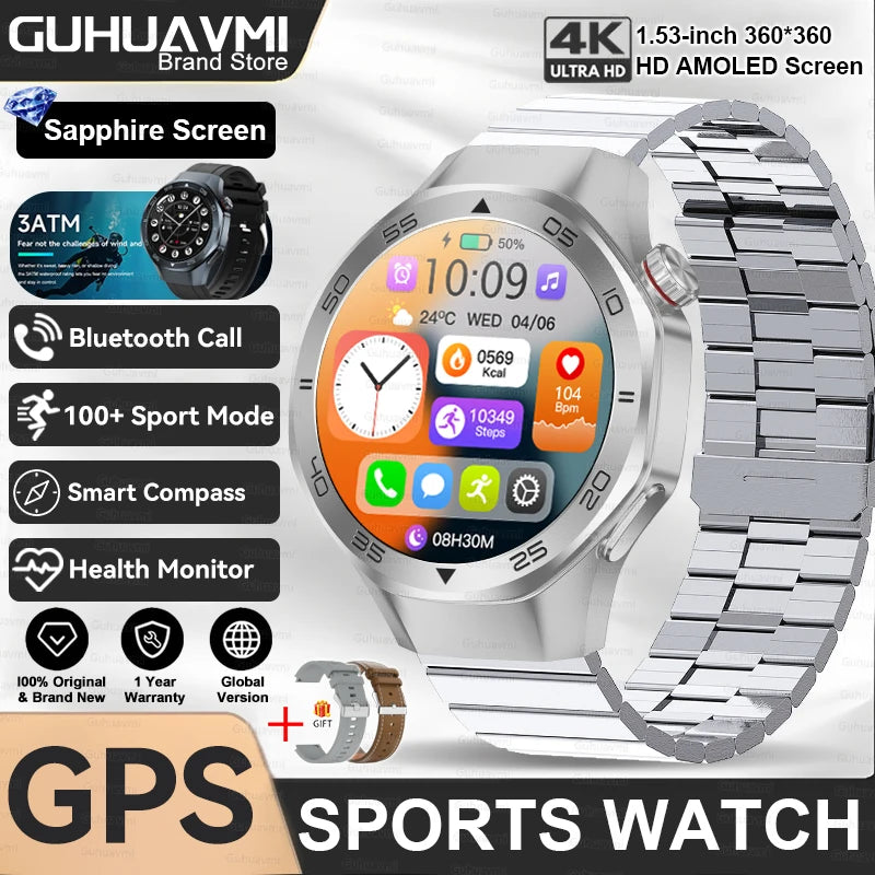 2025New Upgraded Outdoor Sport GPS Smart Watch Men 1.53" HD AMOLED Screen GPS track Heart Rate Bluetooth Call Compass SmartWatch