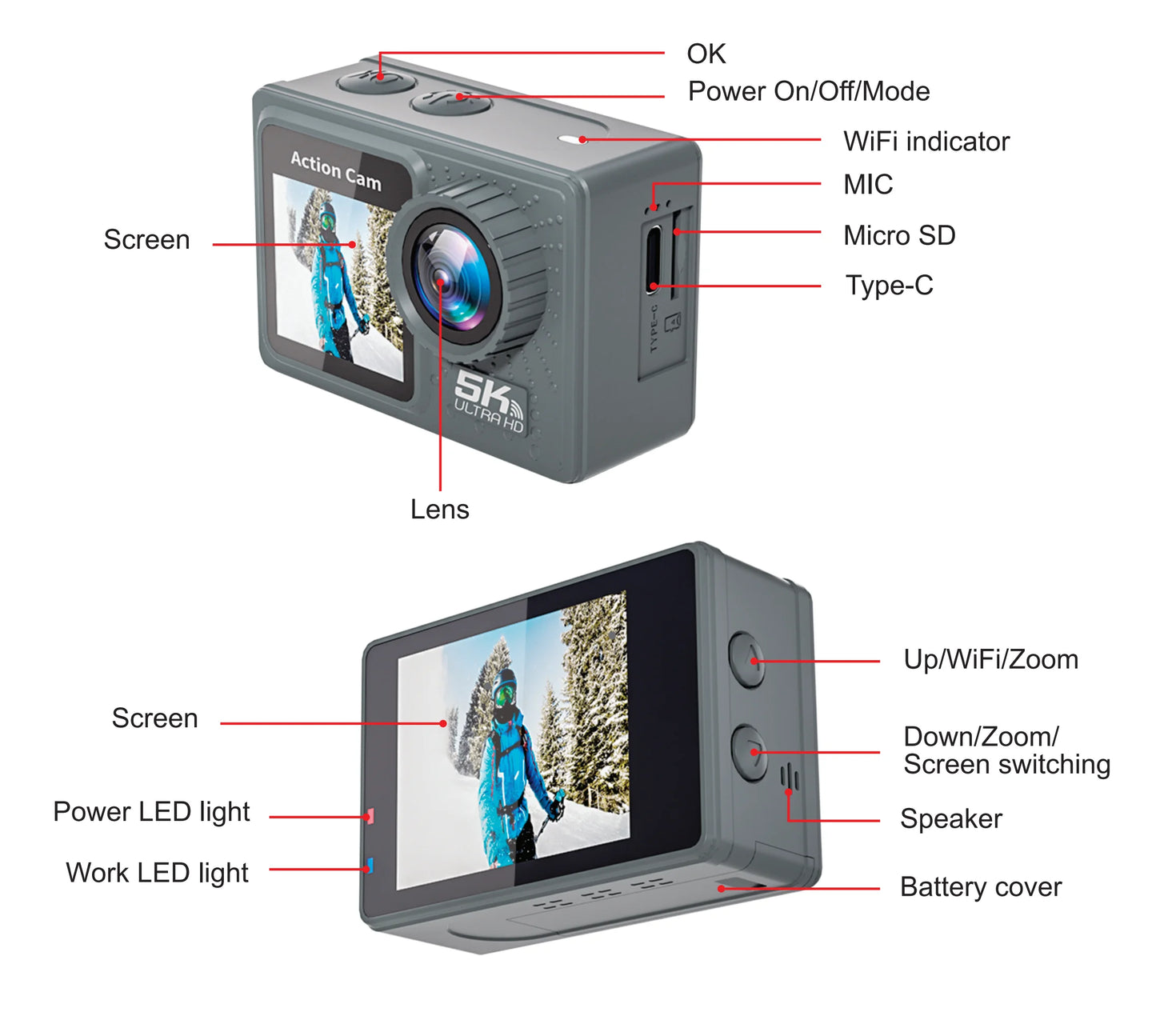 Action Camera 5K 4K 60FPS WiFi Anti-shake Dual Screen 170° Wide Angle 30m Waterproof Sport Camera with Remote Control