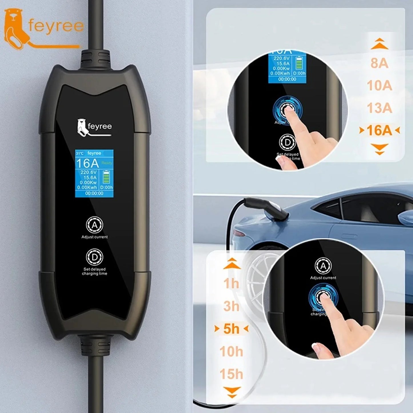 feyree EV Charger Portable 3.5kW Tesla NACS Charger Plug 1.8" LCD Screen with Set Delay Schedule Charging Station for Tesla Cars