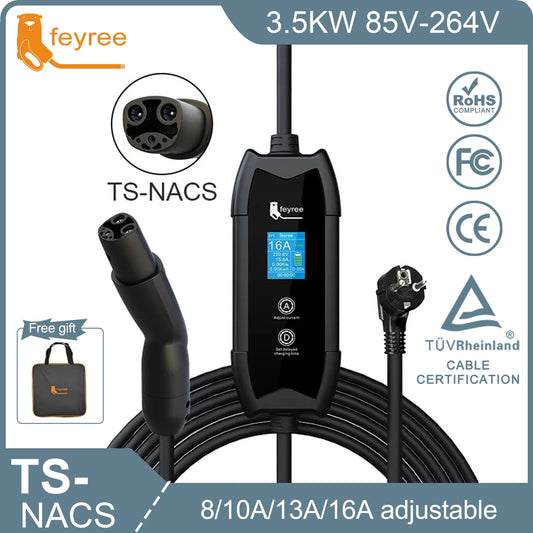 feyree EV Charger Portable 3.5kW Tesla NACS Charger Plug 1.8" LCD Screen with Set Delay Schedule Charging Station for Tesla Cars