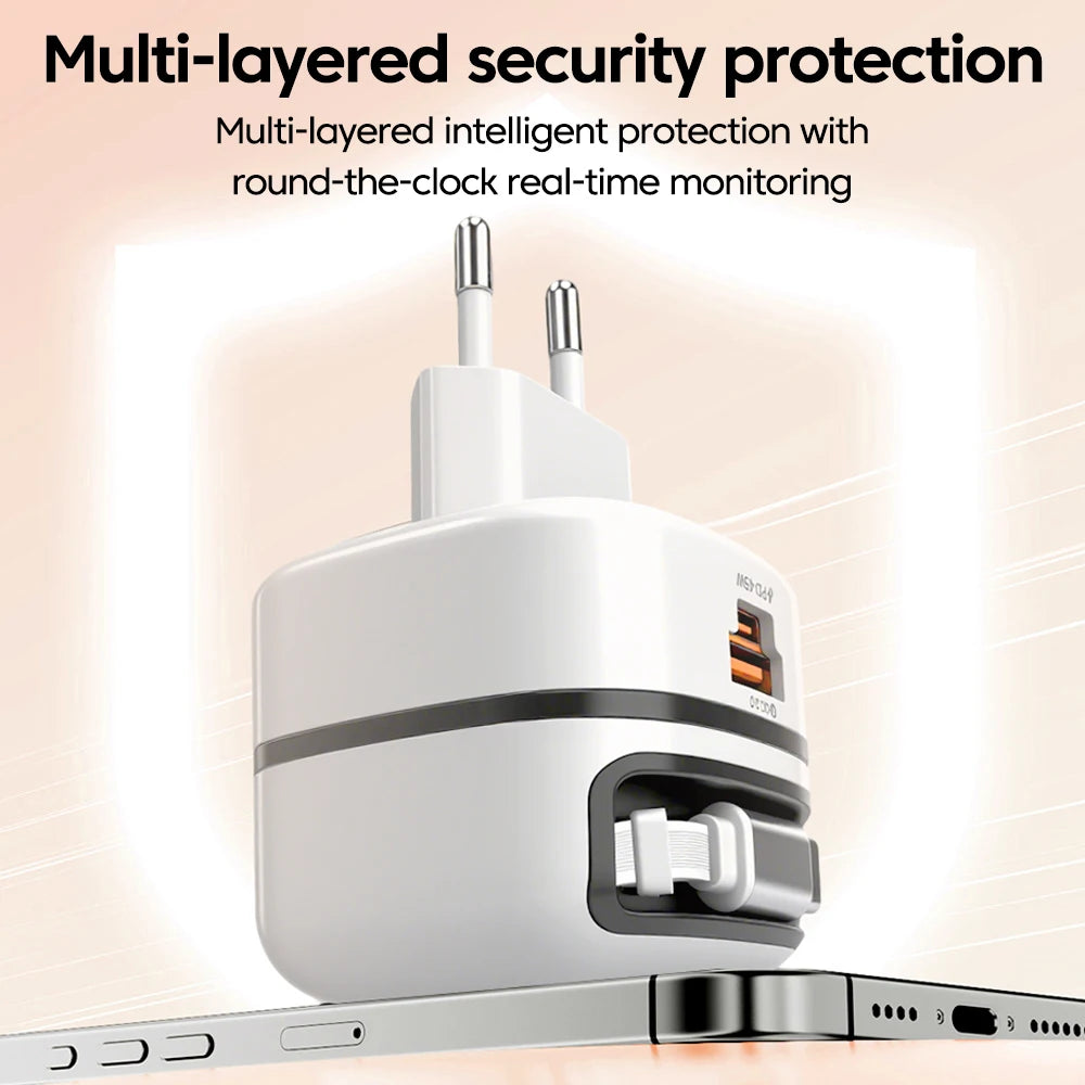 Elough 65W USB Type C Phone Charger Universal Travel Adapter Retractable Fast Charging USB C Cable For iPhone 16 Samsung Laptop