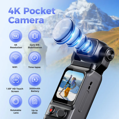 Real 4K Touchscreen Pocket Camera WIFI Outdoor DV 180°Rotatable UHD Anti-shake Bodycam Sports Action Portable Security Recorder