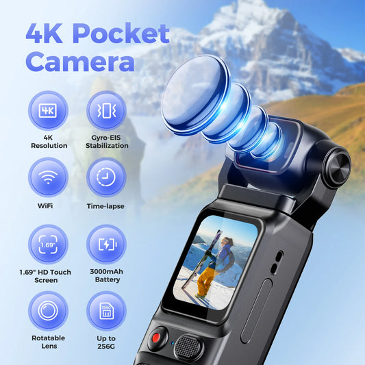 Real 4K Touchscreen Pocket Camera WIFI Outdoor DV 180°Rotatable UHD Anti-shake Bodycam Sports Action Portable Security Recorder