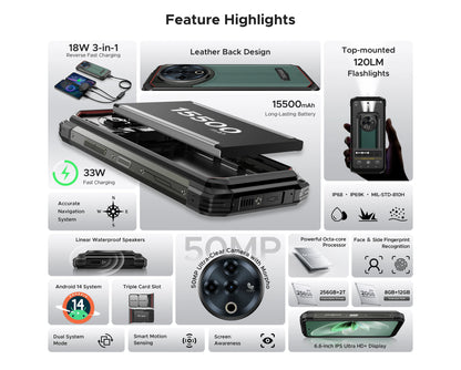 DOOGEE Fire 6 Power Rugged Smartphone 6.56" IPS Screen 15500mAh Battery Unisoc T606 8GB+256GB 50MP Camera Android 14 NFC