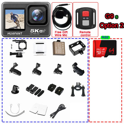 G9SE Action Camera 5K30fps 4K60fps 50MP 2.0 Touch LCD EIS DVR Webcam Dual Screen Wi-Fi 170D Waterproof 30M 5X Zoom Sports Camera