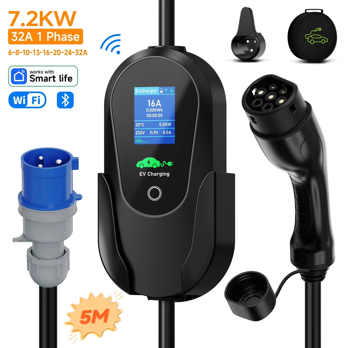 AFEEV Type2 IEC 62196-2 Portable EV Charger 7.2KW 32A Type1 SAEJ1772 Wallbox EVSE Fast Charging Cable WiFi APP Bluetooth Control