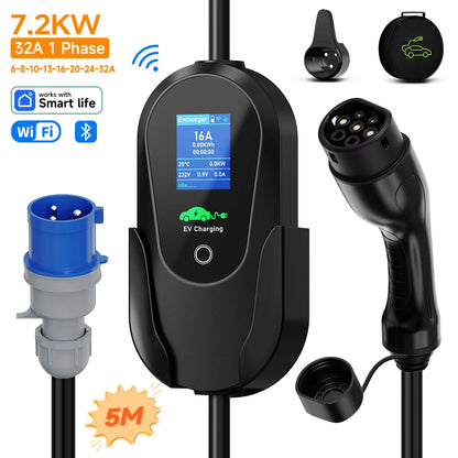 AFEEV Type2 IEC 62196-2 Portable EV Charger 7.2KW 32A Type1 SAEJ1772 Wallbox EVSE Fast Charging Cable WiFi APP Bluetooth Control