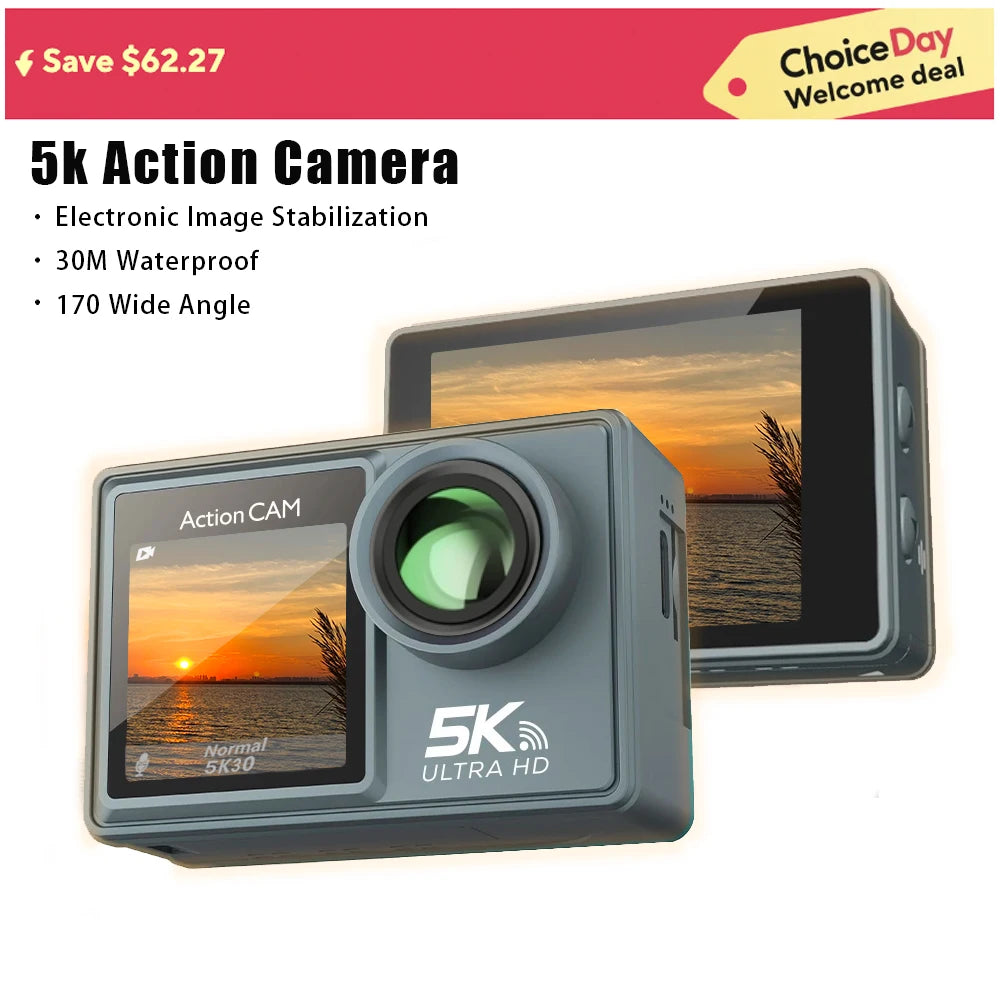 Action Camera 5K 4K 60FPS WiFi Anti-shake Dual Screen 170° Wide Angle 30m Waterproof Sport Camera with Remote Control