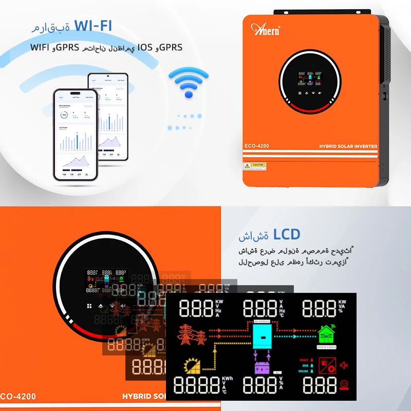 Anern 4200W 6200W Hybrid Inverter 24v Mppt on Grid Off Grid Inverter 48v 230V PV Input Max 500vdc MPPT 120A Charger