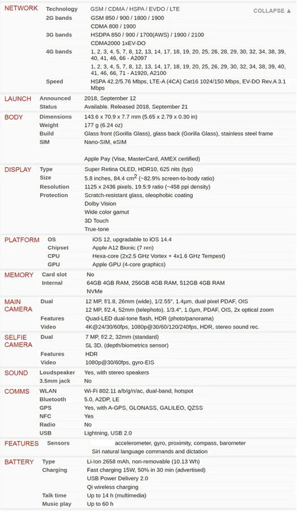 Original Apple iPhone XS 4G LTE Mobile Phone Face ID NFC 4GB RAM 64GB/256/512GB ROM 5.8" 12MP+7MP A12 Hexa-Core IOS iphone xs