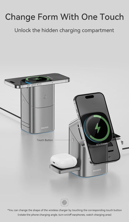 Qi2 Auto-rotate Touch Magnetic 3 in 1 Wireless Charger Fast Charging 15W for IPhone 12/13/14/15/16, for Iwatch & AirPods