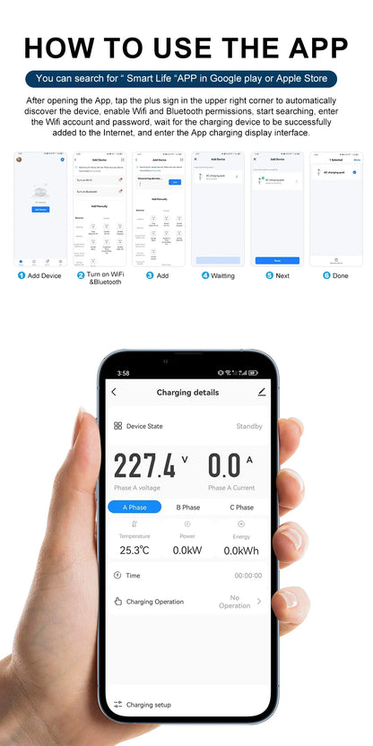 AFEEV Type2 IEC 62196-2 Portable EV Charger 7.2KW 32A Type1 SAEJ1772 Wallbox EVSE Fast Charging Cable WiFi APP Bluetooth Control