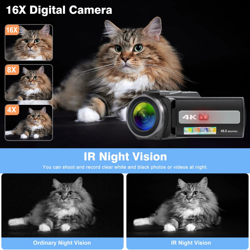 4K Video Camera Camcorder 48MP UHD WiFi IR Night Vision Vlogging Camera for YouTube 16X Digital Zoom Touch Screen Camera - Universal Market