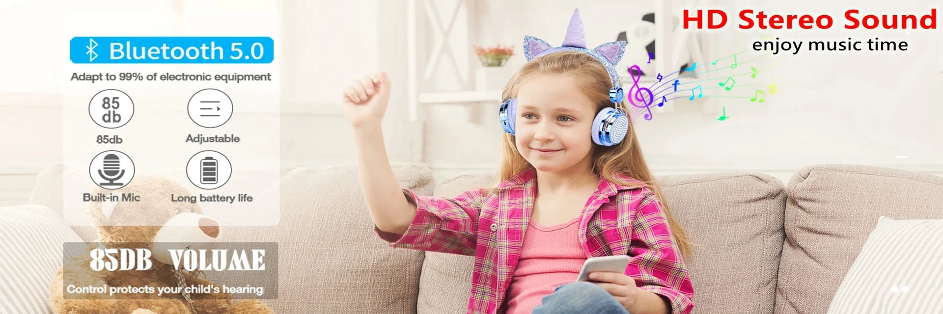RGB Unicorn Kids Wireless Headphones With Mic Music Stereo Earphone Cute Unicorn Control RGB Light Headset Girls Kids Gift - Universal Market