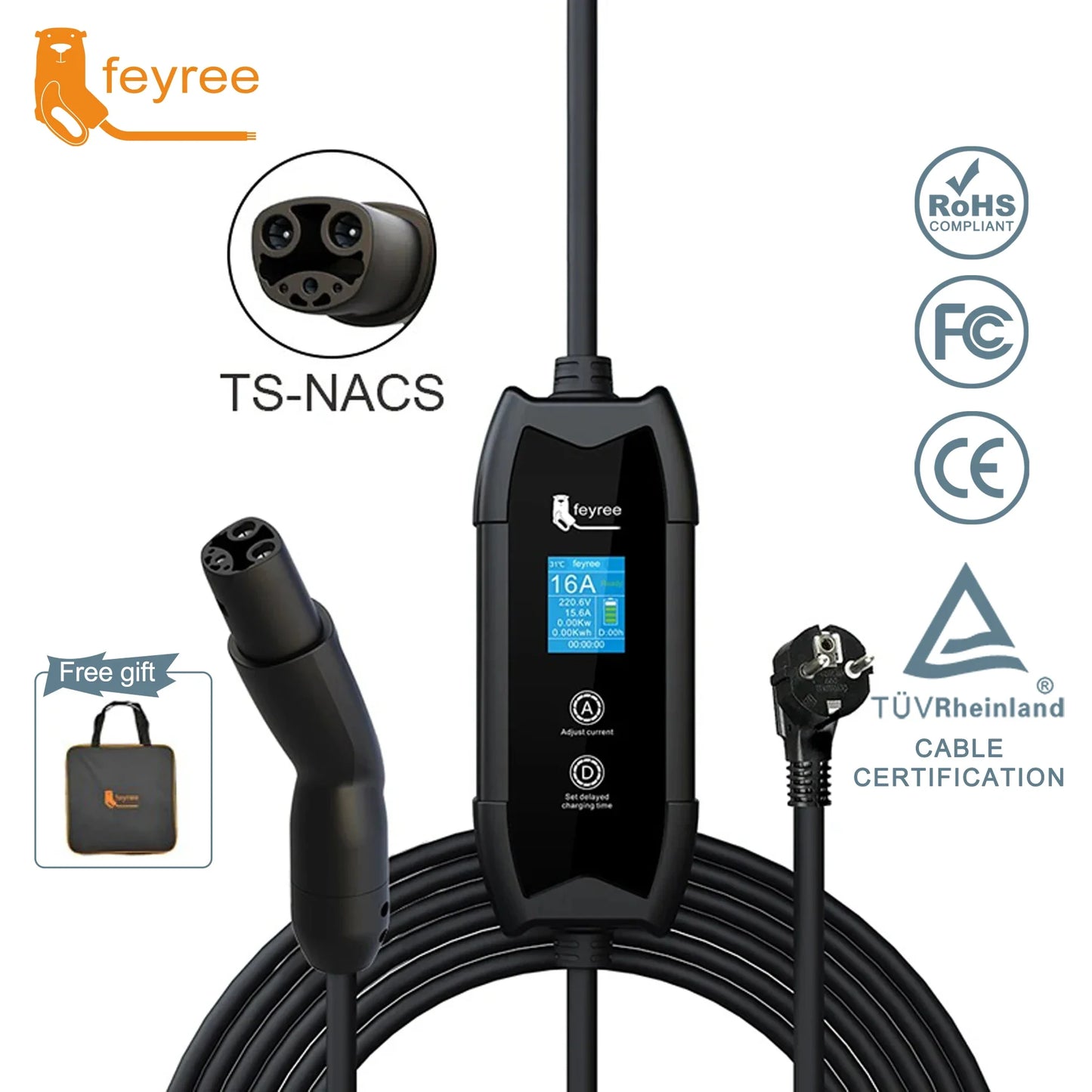 feyree EV Charger Portable 3.5kW Tesla NACS Charger Plug 1.8" LCD Screen with Set Delay Schedule Charging Station for Tesla Cars