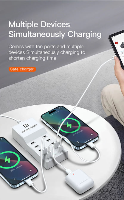 AIXXCO 72W 8 Ports PD QC3.0 USB C Fast Charger Type c Wall Adapter Super Fast Charging For Iphone Samsung Ipad Xiaomi