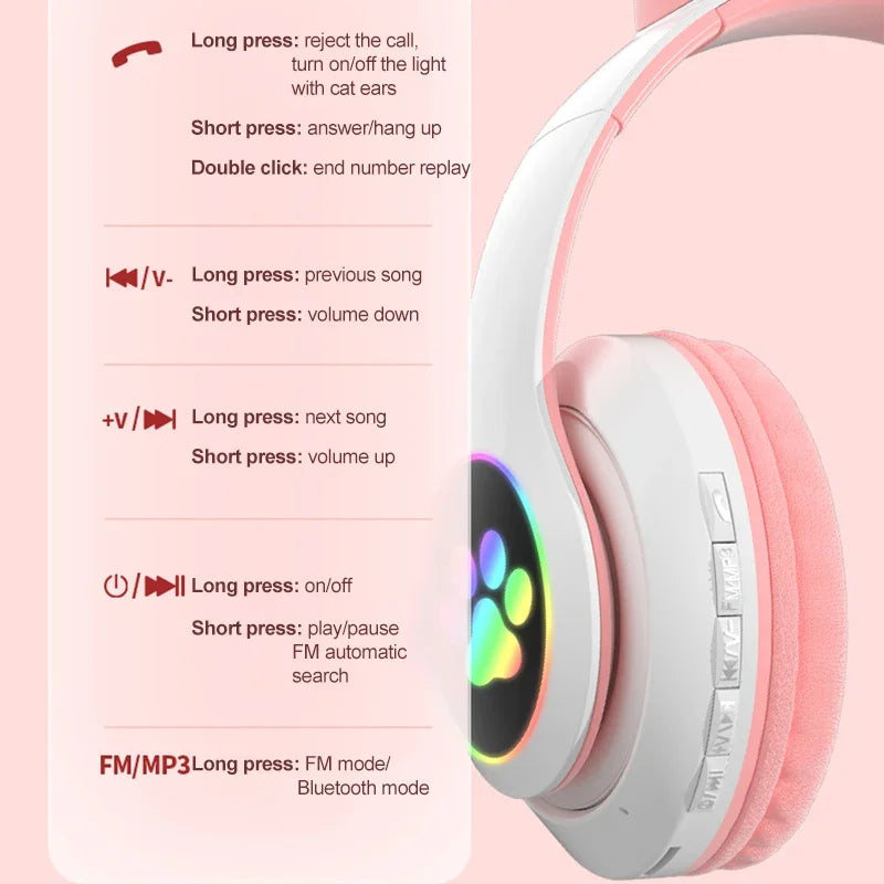 Flash Lamp Cute Cat Ears Headphone Bluetooth5.0 Stereo With Mic Support TF Card Wireless Kids Girl Earphone Birthday Gift - Universal Market