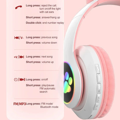 Flash Lamp Cute Cat Ears Headphone Bluetooth5.0 Stereo With Mic Support TF Card Wireless Kids Girl Earphone Birthday Gift - Universal Market