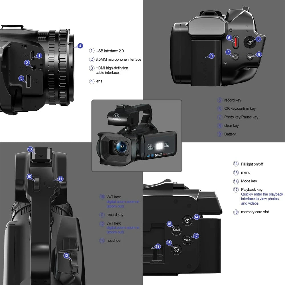 Full 6K Camcorder 64MP Youtuber Professional Digital Video Camera Streaming Auto Focus Photography Vlog Recorder 4" Touch Screen - Universal Market
