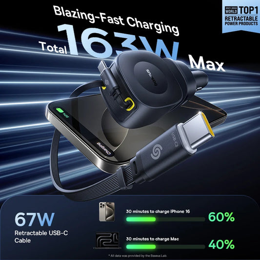 Baseus 100W Car Charger PD QC Fast Charging Dual Type-C Retractable Cable 4 ports 450°Rotation For Laptop Tablet iPhone Samsung