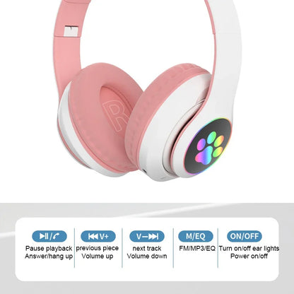 Flash Lamp Cute Cat Ears Headphone Bluetooth5.0 Stereo With Mic Support TF Card Wireless Kids Girl Earphone Birthday Gift - Universal Market
